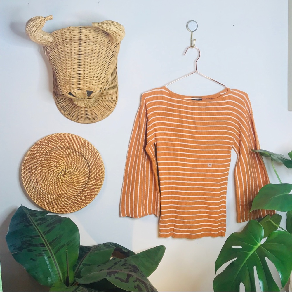 Ann Taylor Ribbed Orange White Bell Sleeve Blouse - Picture 3 of 8